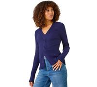 Roman Originals Cable Split Detail Rib Jumper for Women UK - Ladies Everyday Autumn Winter V-Neckline Comfy Soft Evening Vacation Work Party Night Out - Navy - Size 10