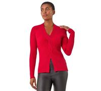 Roman Originals Cable Split Detail Rib Jumper for Women UK - Ladies Everyday Autumn Winter V-Neckline Comfy Soft Evening Vacation Work Party Night Out - Red - Size 12