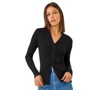 Roman Originals Cable Split Detail Rib Jumper for Women UK - Ladies Everyday Autumn Winter V-Neckline Comfy Soft Evening Vacation Work Party Night Out - Black - Size 16