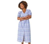 Roman Originals Check Button Midi Dress for Women UK - Ladies Everyday Holiday Spring Summer V-Neckline Comfy Soft Evening Vacation Work Party - Blue - Size 12