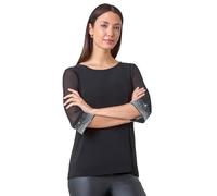 Roman Originals Chiffon Boat Neck 3/4 Length Sleeve Diamante Sparkle Embellished Cuff Tunic Top - Ladies Evening Party Fashion Formal Special Occasion Work Smart Wear Clothing - Black - Size 14