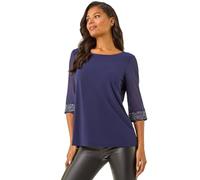 Roman Originals Chiffon Boat Neck 3/4 Length Sleeve Diamante Sparkle Embellished Cuff Tunic Top Ladies Evening Party Fashion Formal Smart Special Occasion Work Wear Office - Midnight Blue - Size 18