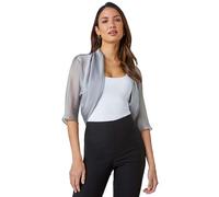 Roman Originals Chiffon Bolero Shrug Jacket for Women UK - Ladies Ruched Hem Cover Up Smart Formal Mesh Wrap Shimmer Cropped Blazer Wedding Guests Cardigan Cardi Crease Free - Silver Grey - Size 18
