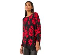 Roman Originals Chiffon Hem Top for Women UK - Ladies Asymmetric Hemline Stretchy Blouse Summer Spring Evening Vacation Work Holiday Short & Long Sleeve Smart Casual - Red Noir - Size 14