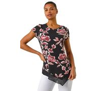 Roman Originals Chiffon Hem Top for Women UK - Ladies Asymmetric Hemline Stretchy Blouse Summer Spring Evening Vacation Work Holiday Short & Long Sleeve Smart Casual - Abstract Pink Noir - Size 12