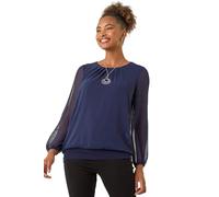 Roman Originals Chiffon Overlay Top with Necklace for Women UK Ladies Smart Evening Blouse Fitted Stretchy Going Out Elegant Sparkly Party 3/4 Length Sleeve V-Neck Silk - Plain Navy - Size 12