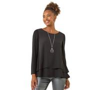 Roman Originals Chiffon Overlay Top with Necklace for Women UK Ladies Smart Evening Blouse Fitted Stretchy Going Out Elegant Sparkly Party 3/4 Length Sleeve V-Neck Silk - Noir - Size 16