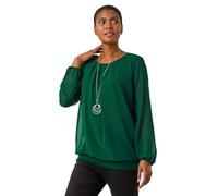 Roman Originals Chiffon Overlay Top with Necklace for Women UK Ladies Smart Evening Blouse Fitted Stretchy Going Out Elegant Sparkly Party 3/4 Length Sleeve V-Neck Silk - Green - Size 12