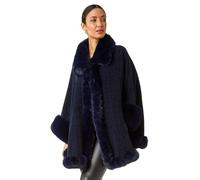Roman Originals Classic Faux Fur Trim Cape for Women UK - Ladies Everyday Autumn Winter Comfy Soft Evening Vacation Work Party Night Out - Midnight Blue - Size ONE