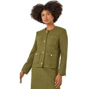 Roman Originals Collarless Boucle Button Jacket for Women UK - Ladies Everyday Autumn Winter Round Neckline Comfy Soft Evening Vacation Work Party Night Out - Olive - Size 12