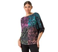 Roman Originals Colour Block Print Stretch Sleeve Top for Women UK - Ladies Everyday Autumn Winter Round Neckline Comfy Soft Evening Vacation Work Party Night Out - Black - Size 20