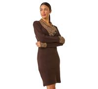 Roman Originals Contrast Button Detail Knit Dress for Women UK - Ladies Everyday Autumn Winter V-Neckline Comfy Soft Evening Vacation Work Party Night Out - Chocolate - Size 18
