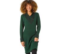 Roman Originals Contrast Button Detail Knit Dress for Women UK - Ladies Everyday Autumn Winter V-Neckline Comfy Soft Evening Vacation Work Party Night Out - Dark Green - Size 20