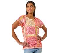 Roman Originals Contrast Print Stretch Top for Women UK - Ladies Everyday Holiday Spring Summer Round Neckline Comfy Soft Evening Vacation Work Party - Pink - Size 14