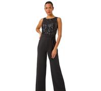 Roman Originals Contrast Sequin Bodice Jumpsuit for Women UK - Ladies Everyday Autumn Winter Round Neckline Comfy Soft Evening Vacation Work Party Night Out - Black - Size 14