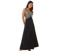 Roman Originals Contrast Sequin Bodice Maxi Dress for Women UK - Ladies Everyday Autumn Winter V-Neckline Comfy Soft Evening Vacation Work Party Night Out - Silver - Size 16