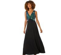 Roman Originals Contrast Sequin Bodice Maxi Dress for Women UK - Ladies Everyday Autumn Winter V-Neckline Comfy Soft Evening Vacation Work Party Night Out - Green Black - Size 18