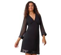 Roman Originals Contrast Sequin Cuff Dress for Women UK - Ladies Everyday Autumn Winter V-Neckline Comfy Soft Evening Vacation Work Party Night Out - Black - Size 14