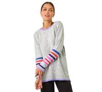 Roman Originals Contrast Stripe Detail Knit Jumper for Women UK - Ladies Everyday Autumn Winter Round Neckline Comfy Soft Evening Vacation Work Party Night Out - Light Grey - Size 14