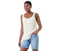 Roman Originals Cotton Crochet Knit Vest Top for Women UK - Ladies Everyday Holiday Spring Summer Round Neckline Comfy Soft Evening Vacation Work Party - Natural - Size 18