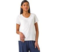 Roman Originals Cotton Embroidery V-Neck T-Shirt for Women UK - Ladies Everyday Holiday Spring Summer V-Neckline Comfy Soft Evening Vacation Work Party - Ivory - Size 12