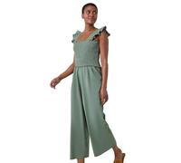 Roman Originals Cotton Linen Blend Frill Jumpsuit for Women UK - Ladies Everyday Holiday Spring Summer Square Neckline Comfy Soft Evening Vacation Work Party - Khaki - Size 18