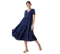 Roman Originals Cotton Textured Tiered Midi Dress for Women UK - Ladies Everyday Holiday Spring Summer V-Neckline Comfy Soft Evening Vacation Work Party - Navy - Size 18