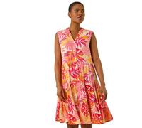 Roman Originals Cotton Tropical Lace Detail Tiered Dress for Women UK - Ladies Everyday Holiday Spring Summer V-Neckline Comfy Soft Evening Vacation Work Party - Pink - Size 16
