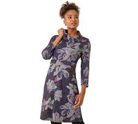 Roman Originals Cowl Neck Dress for Women UK - Ladies Button Detail Shift Work Office Autumn Winter Knee Length Casual 3/4 Full Length Sleeve Round High Warm Neckline - Floral Purple - Size 14