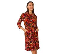 Roman Originals Cowl Neck Dress for Women UK - Ladies Button Detail Shift Work Office Autumn Winter Knee Length Casual 3/4 Full Length Sleeve Round High Warm Neckline - Red Orange - Size 10