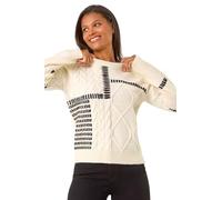 Roman Originals Crew Neck Blanket Cable Knit Jumper for Women UK - Ladies Everyday Autumn Winter Round Neckline Comfy Soft Evening Vacation Work Party Night Out - Ivory - Size 16