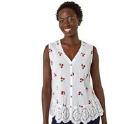 Roman Originals Crinkle Top for Women UK Ladies Embroidered Blouse 100% Cotton Lace Eyelet Shirt Cami Tunic Vest Sleeveless Short Sleeve Casual Notch Neck Broderie Anglaise - Red Cherry - Size 12