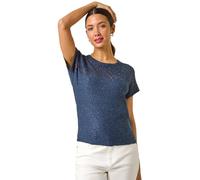 Roman Originals Crochet Mixed Knit Top for Women UK - Ladies Everyday Holiday Spring Summer Round Neckline Comfy Soft Evening Vacation Work Party - Navy - Size 12