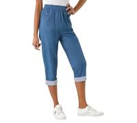 Roman Originals Cropped Stretch Trouser for Women UK - Ladies Capri Pants Summer Leggings 3/4 Three Quarter Pedal Pusher Elasticated Waist Cut Off Contrast Detail Pull On Work - Denim - Size 10