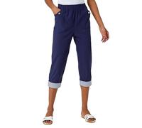 Roman Originals Cropped Stretch Trouser for Women UK - Ladies Capri Pants Summer Leggings 3/4 Three Quarter Pedal Pusher Elasticated Waist Cut Off Contrast Detail Pull On Work - Navy - Size 18
