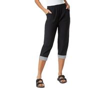 Roman Originals Cropped Stretch Trouser for Women UK - Ladies Capri Pants Summer Leggings 3/4 Three Quarter Pedal Pusher Elasticated Waist Cut Off Contrast Detail Pull On Work - Black - Size 16