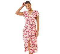 Roman Originals Daisy Print Lace Trim Midi Dress for Women UK - Ladies Everyday Holiday Spring Summer V-Neckline Comfy Soft Evening Vacation Work Party - Red - Size 18