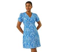 Roman Originals Daisy Print V-Neck Tea Dress for Women UK - Ladies Everyday Holiday Spring Summer V-Neckline Comfy Soft Evening Vacation Work Party - Blue - Size 14