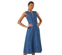 Roman Originals Denim Dress for Women UK - Ladies Jean Tunic Shift Cotton Panneled Midi A-Line Linen Smock Casual Knee Length Sleeveless Summer Straight Dresses - Blue Denim - Size 14