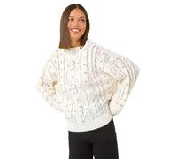 Roman Originals Diamante Cable Knit Jumper for Women UK - Ladies Everyday Autumn Winter Funnel Neckline Comfy Soft Evening Vacation Work Party Night Out - Ivory - Size 14