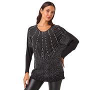 Roman Originals Diamante Hotfix Sunray Top for Women UK - Ladies Everyday Autumn Winter Round Neckline Comfy Soft Evening Vacation Work Party Night Out - Black - Size M