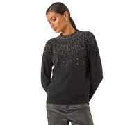 Roman Originals Diamante Jumper for Women UK Ladies Sparkly Glitter Sweater Embellished Smart Casual Autumn Winter Long Sleeve Round Neck Knitwear Knitted Pullover - Noir Sparkle - Size ONE