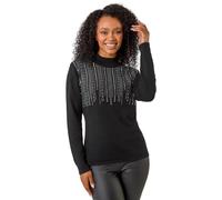 Roman Originals Diamante Jumper for Women UK Ladies Sparkly Glitter Sweater Embellished Smart Casual Autumn Winter Long Sleeve Round Neck Knitwear Knitted Pullover - Petite Noir - Size 18