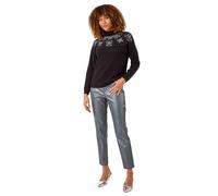Roman Originals Diamante Jumper for Women UK Ladies Sparkly Glitter Sweater Embellished Smart Casual Autumn Winter Long Sleeve Round Neck Knitwear Knitted Pullover - Noir Silver - Size 12