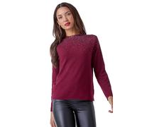 Roman Originals Diamante Sequin Jumper for Women UK Ladies Sparkly Glitter Sweater Embellished Smart Casual Autumn Winter Long Sleeve Round Neck Knitwear Knitted Pullover - Bordeaux - Size 20