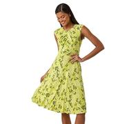 Roman Originals Ditsy Floral Keyhole Twist Dress for Women UK - Ladies Everyday Holiday Spring Summer Round Neckline Comfy Soft Evening Vacation Work Party - Lime - Size 12