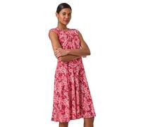 Roman Originals Ditsy Floral Keyhole Twist Dress for Women UK - Ladies Everyday Holiday Spring Summer Round Neckline Comfy Soft Evening Vacation Work Party - Coral - Size 12