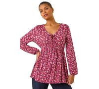 Roman Originals Ditsy Floral Print Ladder Trim Top for Women UK - Ladies Everyday Autumn Winter Round Neckline Comfy Soft Evening Vacation Work Party Night Out - Pink - Size 16