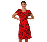 Roman Originals Ditsy Floral Print Stretch Dress for Women UK - Ladies Everyday Holiday Spring Summer Round Neckline Comfy Soft Evening Vacation Work Party - Red - Size 16
