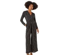 Roman Originals Embellished Wide Leg Stretch Jumpsuit for Women UK - Ladies Everyday Autumn Winter V-Neckline Comfy Soft Evening Vacation Work Party Night Out - Black - Size 18